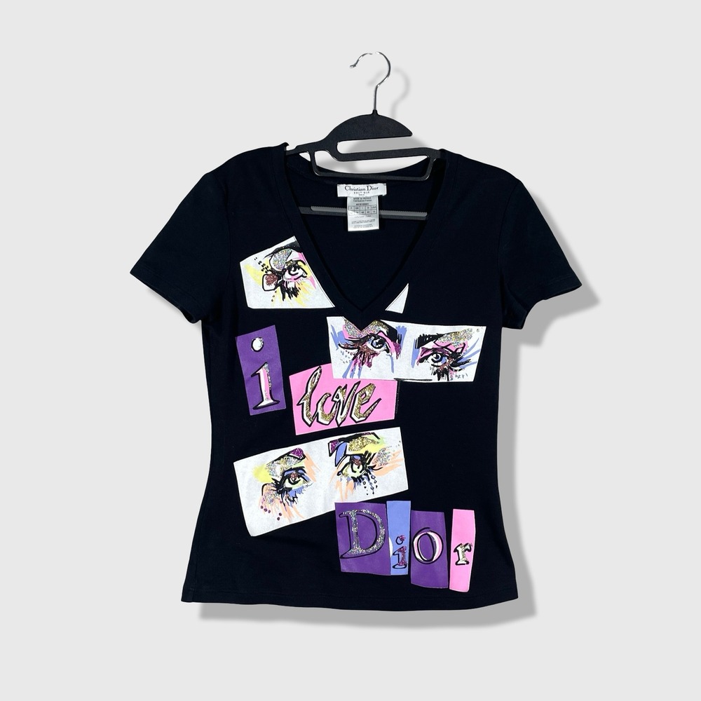 Christian Dior V-Neck T-Shirt Womens 10 Black I Love Dior Pop Art Y2K Designer